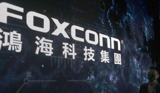 The Foxconn logo is seen at the Nangang Exhibition Center in Taipei, Taiwan. Foxconn, a Fortune 500 company known globally for making Apple iPhones, was recently subjected to searches by Chinese tax authorities, state media reported Oct. 22, 2023.