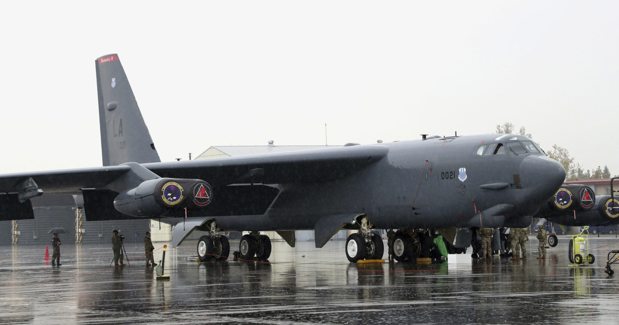 In this photo provided by the South Korea Defense Ministry via Yonhap News Agency, a U.S. Air Force B-52 bomber is parked at an air base in Cheongju, South Korea, Thursday, Oct. 19, 2023.