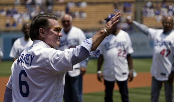Steve Garvey, former Los Angeles Dodgers player, waves to fans before a game between the Dodgers and the Colorado Rockies in Los Angeles, California, on July 25, 2021. On Tuesday, Garvey announced he was running for a California Senate seat as a Republican.
