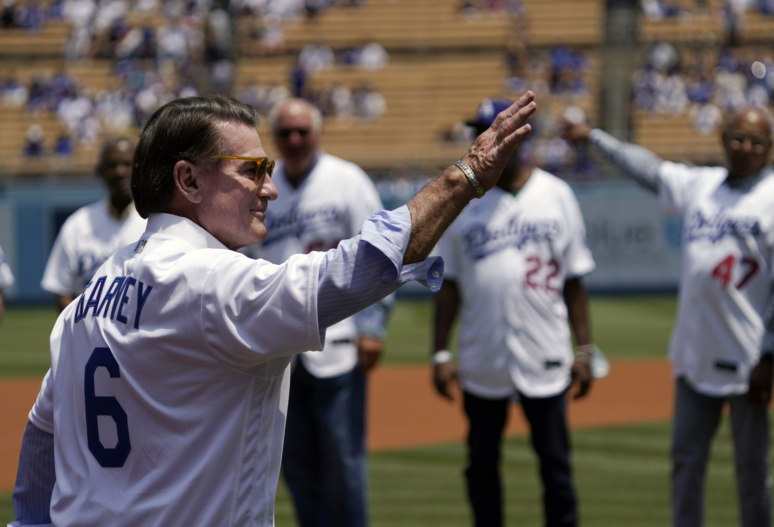 Steve Garvey, former Los Angeles Dodgers player, waves to fans before a game between the Dodgers and the Colorado Rockies in Los Angeles, California, on July 25, 2021. On Tuesday, Garvey announced he was running for a California Senate seat as a Republican.