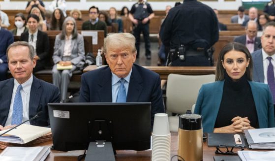 Former President Donald Trump sits in the courtroom with attorneys Christopher Kise and Alina Habba at the New York Supreme Court on Wednesday in New York City.