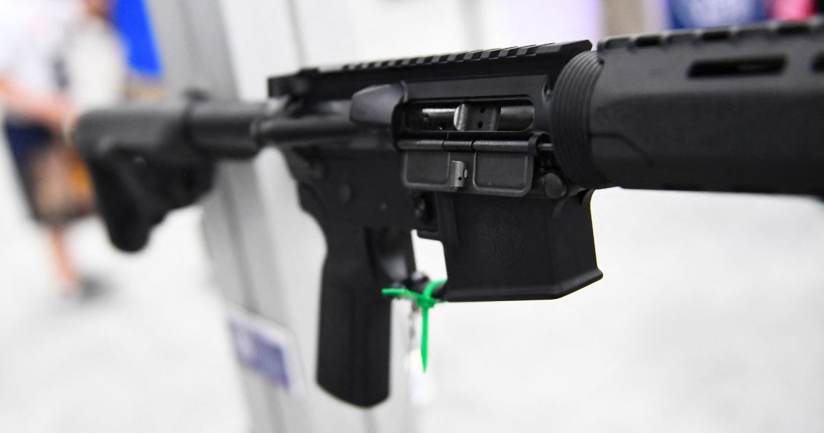 The receiver of a Smith & Wesson M&P-15 semiautomatic rifle of the AR-15 style is displayed during the National Rifle Association's annual meeting at the George R. Brown Convention Center in Houston on May 28, 2022.