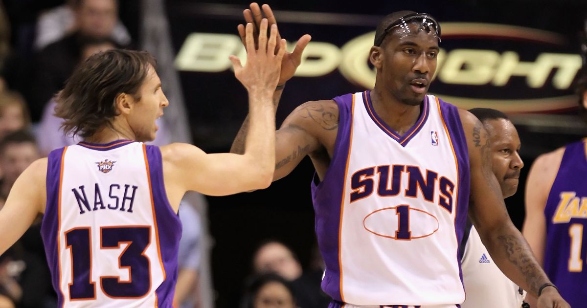 Phoenix Suns player Amar'e Stoudemire, right, high-fives teammate Steve Nash, left, during the NBA game against the Los Angeles Lakers in Phoenix, Arizona, on March 12, 2010. Stoudemire took to Instagram to address the situation in Israel and call out politicians and BLM over their reaction, or lack thereof, to the crisis.