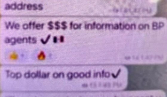 A text message posted by NewsNation border correspondent Ali Bradley shows what was described as a text message offering to pay for the addresses of U.S. Customs and Border Protection agents and their families.