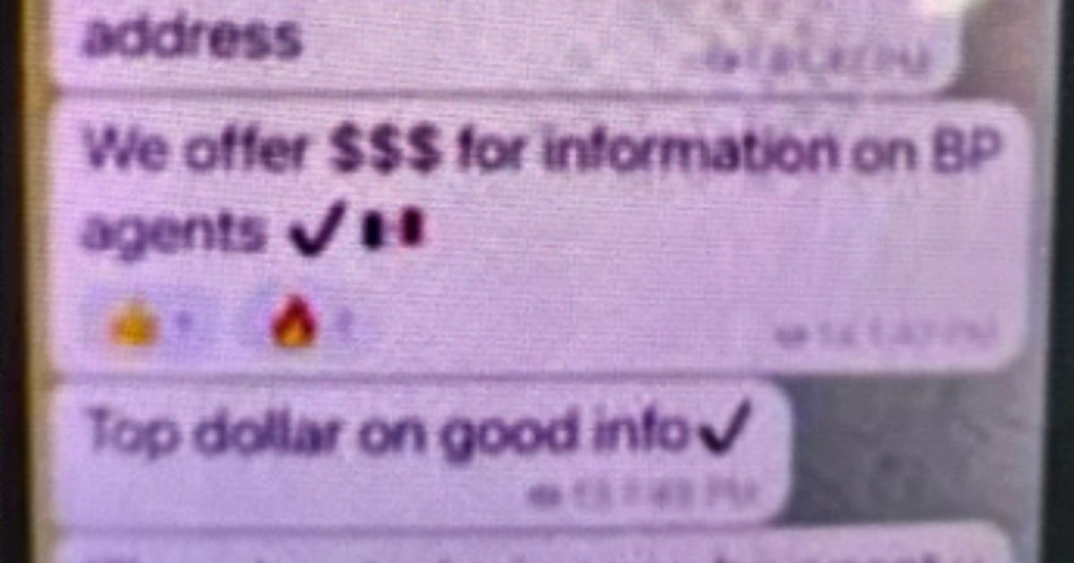 A text message posted by NewsNation border correspondent Ali Bradley shows what was described as a text message offering to pay for the addresses of U.S. Customs and Border Protection agents and their families.
