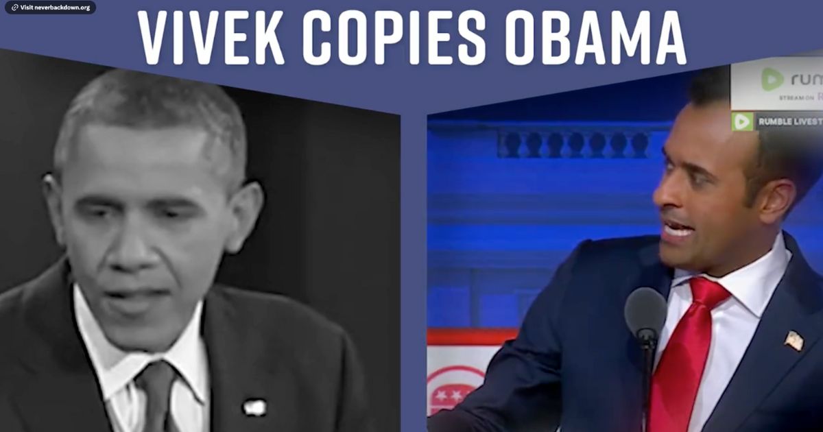 Republican presidential candidate Vivek Ramaswamy, right, has been copying lines from former President Barack Obama, left.