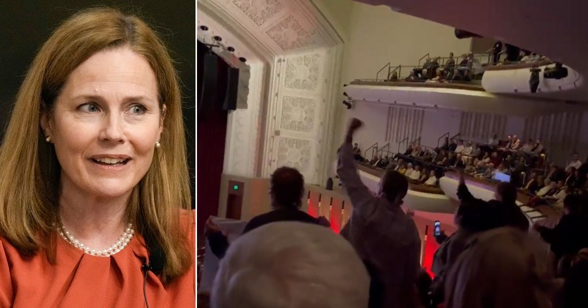 At left, Supreme Court Justice Amy Coney Barrett speaks in Lake Geneva, Wisconsin, on Aug. 28. At right, protesters try to disrupt an event with Barrett at the University of Minnesota.