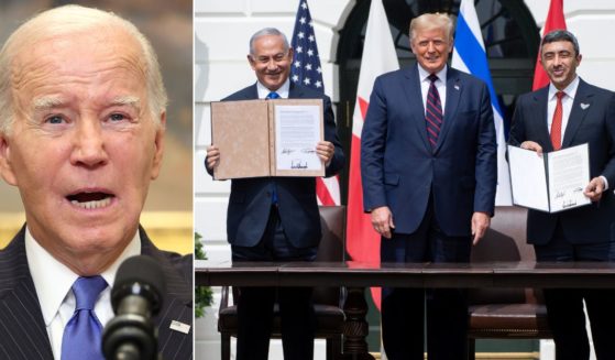 At left, President Joe Biden speaks at the White House in Washington on Friday. At right, then-President Donald Trump celebrates with Israeli Prime Minister Benjamin Netanyahu, left, and United Arab Emirates Foreign Minister Abdullah bin Zayed Al-Nahyan, right, after the signing of the Abraham Accords at the White House on Sept. 15, 2020.