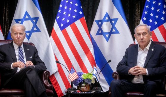 President Joe Biden, left, meets with Israeli Prime Minister Benjamin Netanyahu, right, at the start of the Israeli war cabinet meeting in Tel Aviv, Israel, on Wednesday.