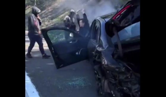 Thieves robbed a driver on a Los Angeles freeway on Tuesday after intentionally crashing into his car.