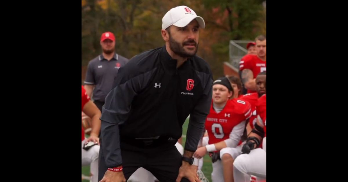 Coach Andrew DiDonato addresses his Grove City College Wolverines after their victory Saturday.