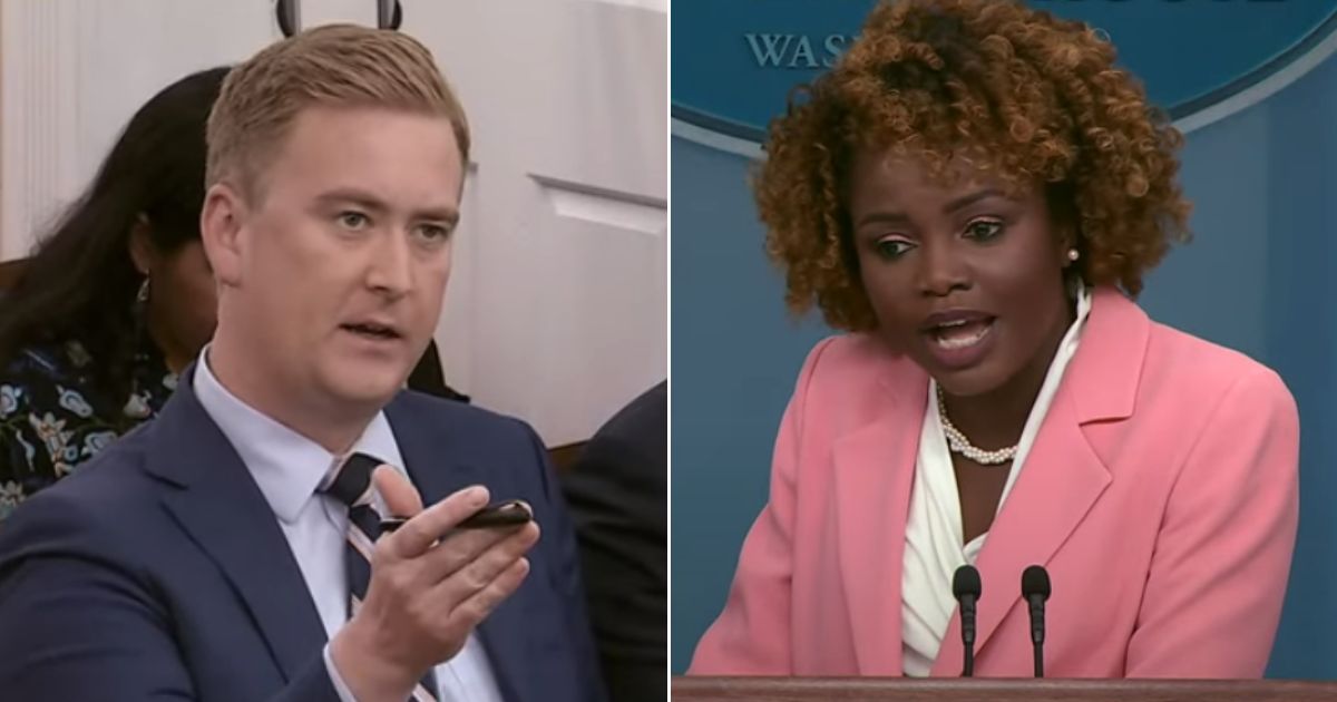 Fox News' Peter Doocy, left, and White House press secretary Karine Jean-Pierre, right, exchange words on Monday.