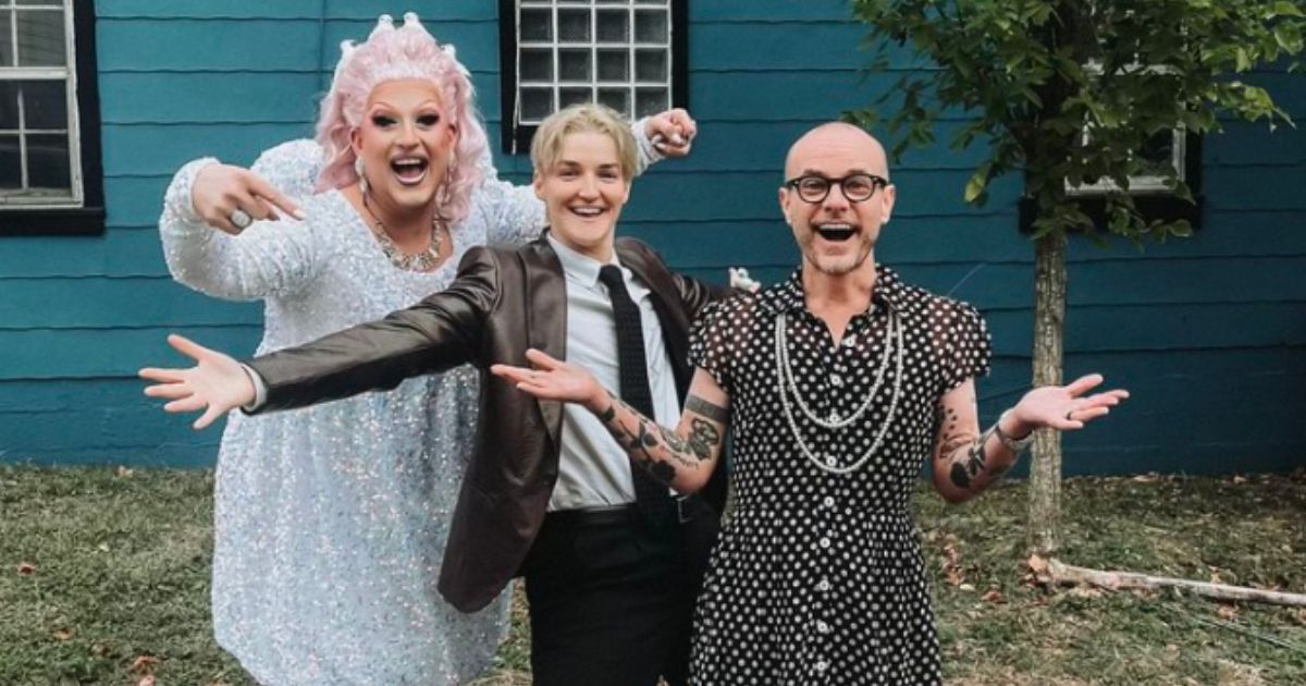 Drag queen "Flamy Grant," left, and former Christian singer Derek Webb, right, dressed in drag to attend the Christian music 54th Annual Dove Awards on Oct. 17.