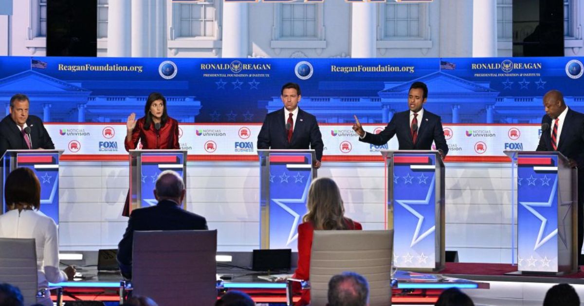 GOP presidential candidates, from left, former New Jersey Gov. Chris Christie, former South Carolina Gov. and U.N. Ambassador Nikki Haley, Florida Gov. Ron DeSantis, entrepreneur Vivek Ramaswamy and South Carolina Sen. Tim Scott are seen at the second Republican presidential primary debate at the Ronald Reagan Presidential Library in Simi Valley, California, on Sept. 27.