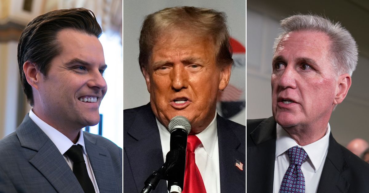 President Donald Trump, center, spoke about the successful effort by Rep. Matt Gaetz, left, to depose Rep. Kevin McCarthy, right, as speaker of the House.