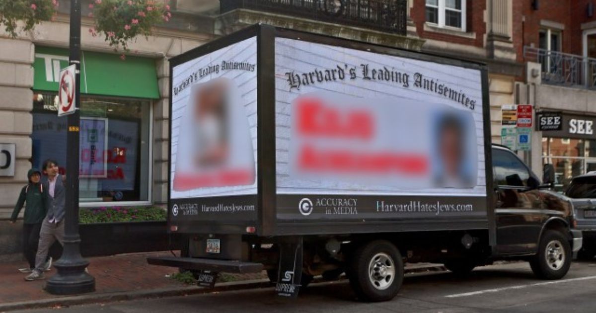 A truck identifies Harvard students who spoke out against Israel after it was attacked by Hamas.