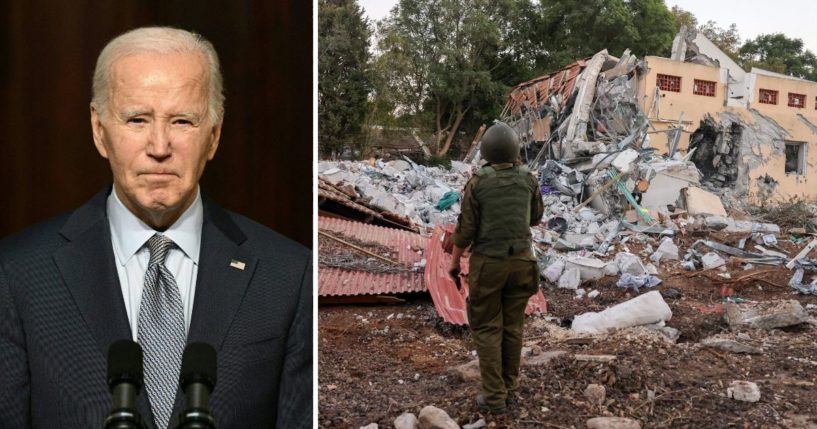President Joe Biden speaks at the White House on Wednesday. An Israeli soldier stands in front of a destroyed house near the border with Gaza on Wednesday.