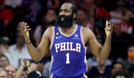James Harden of the Philadelphia 76ers reacts to a play during a game against the Boston Celtics on May 11 in Philadelphia.