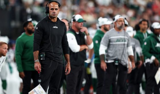 New York Jets head coach Robert Saleh stands on the sidelines during the fourth quarter of the team's game against the Kansas City Chiefs on Sunday at MetLife Stadium in East Rutherford, New Jersey.