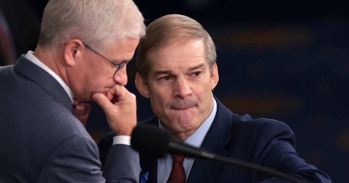 Rep. Jim Jordan, right, speaks with Speaker Pro Tempore Rep. Patrick McHenry in the House Chamber before the vote for the speaker of the House on Wednesday. Jordan lost the vote for the speakership, for the second time, after 19 Republicans refused to vote for him.