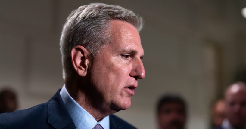 House Speaker Kevin McCarthy talks to reporters about the effort to oust him from his leadership role at the Capitol in Washington on Tuesday.