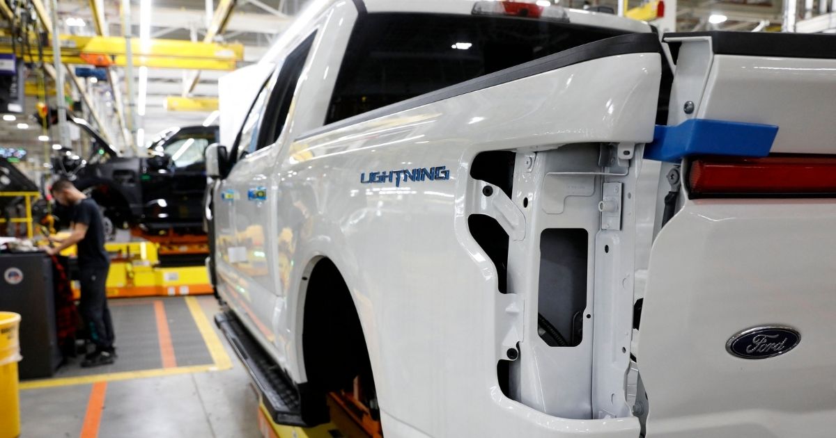 F-150 Lightning trucks are under production at Ford Motor Co.'s Rouge Electric Vehicle Center in Dearborn, Michigan, on Sept. 20, 2022.