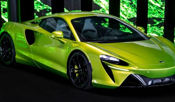 The 2021 McLaren Artura high-performance hybrid supercar was displayed at McLaren Technology Centre on Jan. 29, 2021, in Woking, England. McLaren CEO Michael Leiters said he does not see an all-electric supercar being developed anytime soon.