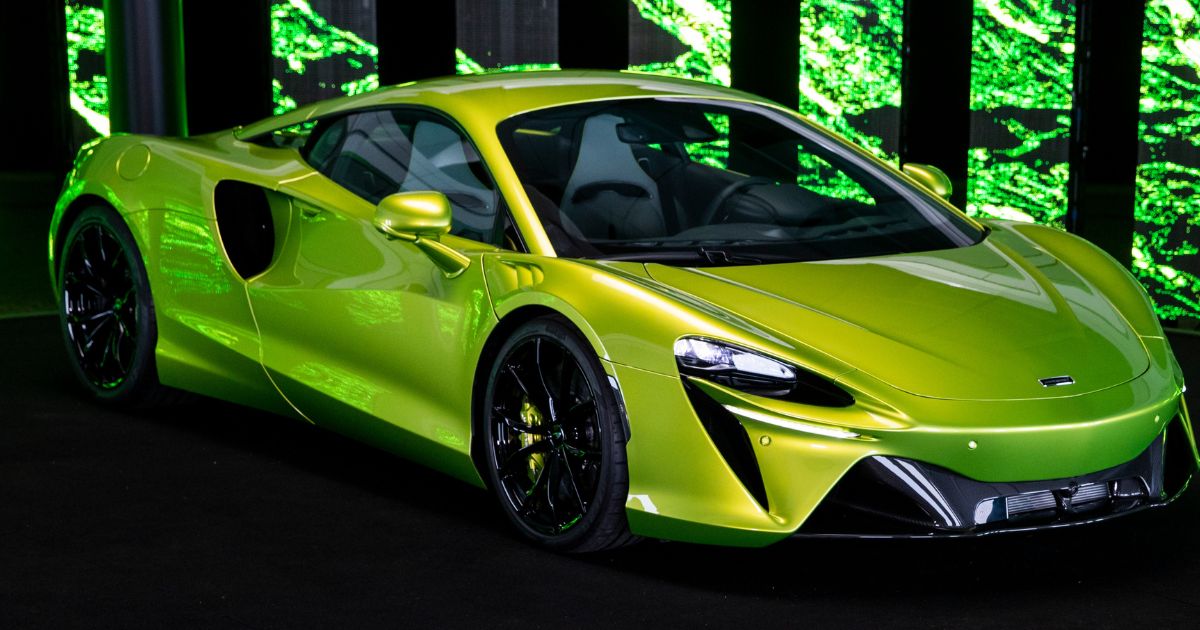 The 2021 McLaren Artura high-performance hybrid supercar was displayed at McLaren Technology Centre on Jan. 29, 2021, in Woking, England. McLaren CEO Michael Leiters said he does not see an all-electric supercar being developed anytime soon.