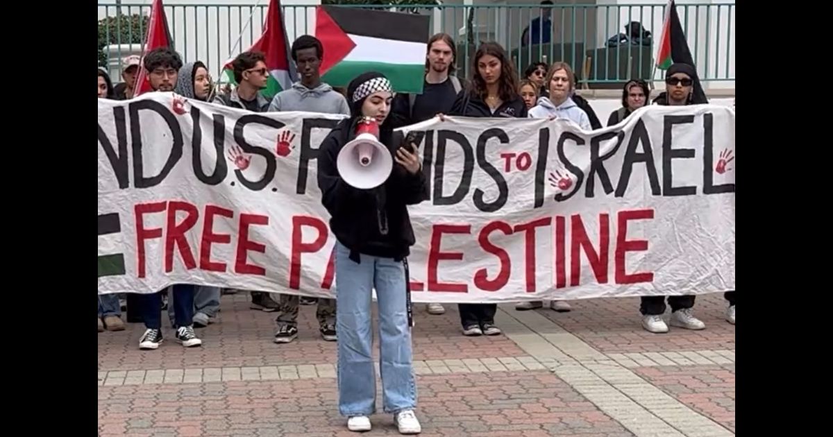 A pro-Palestinian protester wearing Nikes calls for a boycott of Nike.