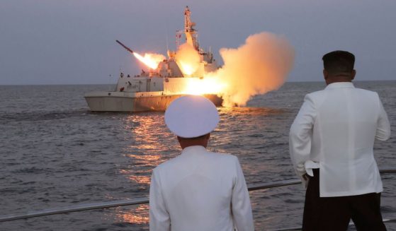 Kim Jong Un observing the supposed test-firing of strategic cruise missiles