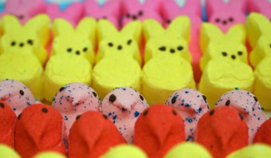 A photo illustration shows Peeps marshmallows lying on a table in Washington on April 2, 2021.