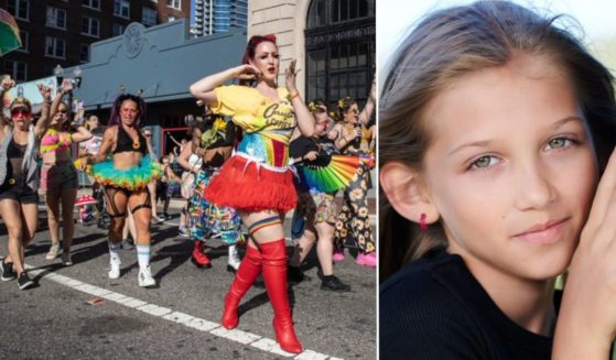 Eleven-year-old Dempsey Jara, right, was grand marshal of Saturday's "Come Out with Pride" event in downtown Orlando, Florida, left.
