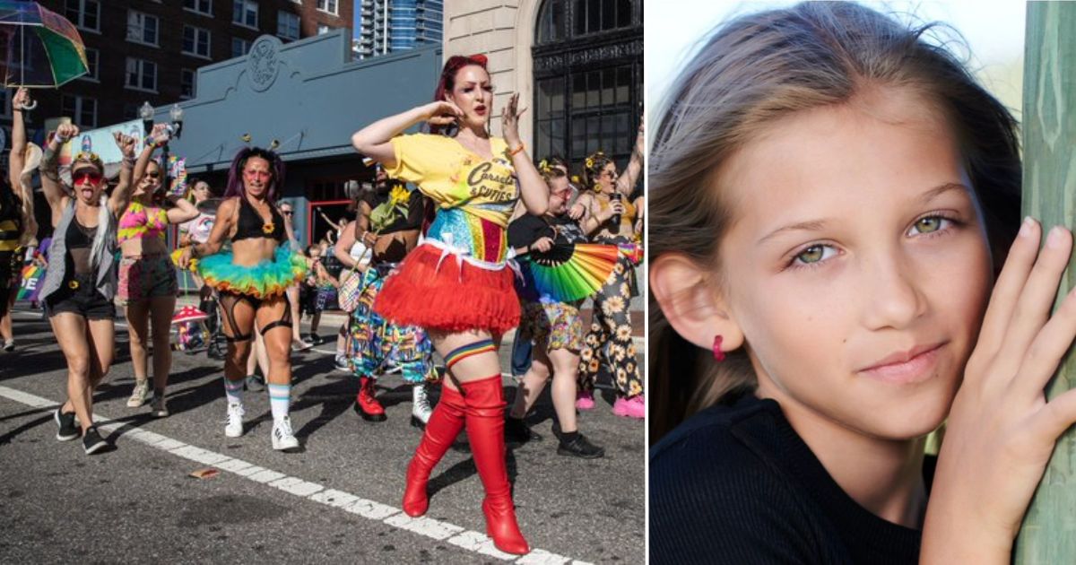 Eleven-year-old Dempsey Jara, right, was grand marshal of Saturday's "Come Out with Pride" event in downtown Orlando, Florida, left.