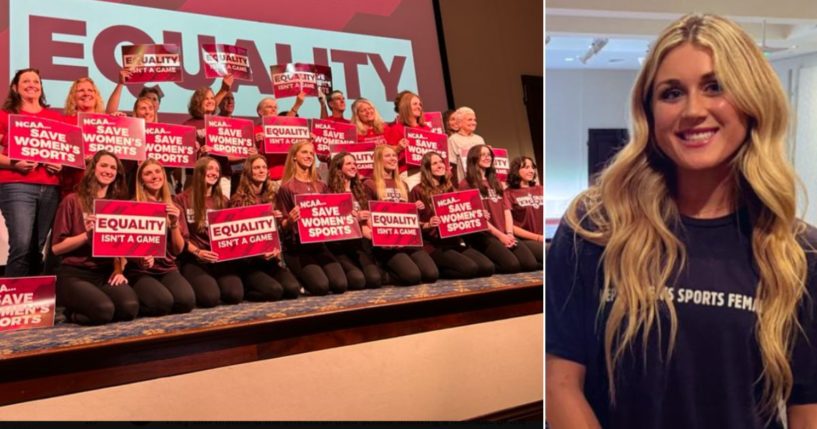 Former University of Kentucky swimmer Riley Gaines, right, joined the Roanoke College women's swim team in demanding the NCAA protect women's sports from men who want to compete against them.
