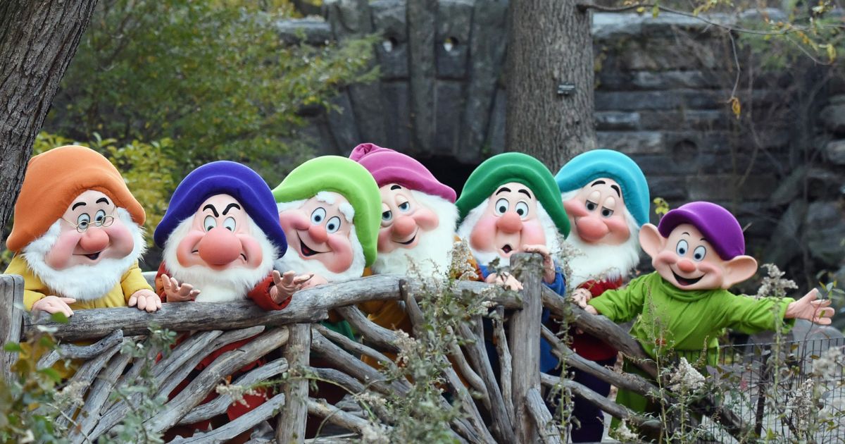 The original Disney seven dwarfs characters are seen exploring The Loch in Central Park in November 2017 in New York City.