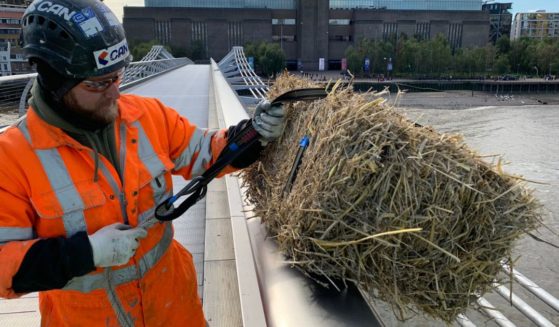 A bundle of straw is hung from the Millennium Bridge, spanning London's Thames River.
