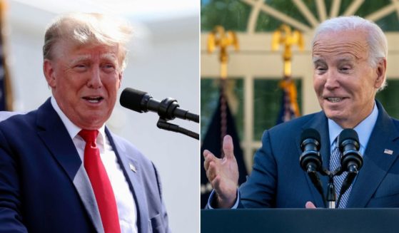 At left, former President Donald Trump speaks at a rally in Summerville, South Carolina, on Sept. 25. At right, President Joe Biden delivers remarks in the Rose Garden of the White House in Washington on Wednesday.