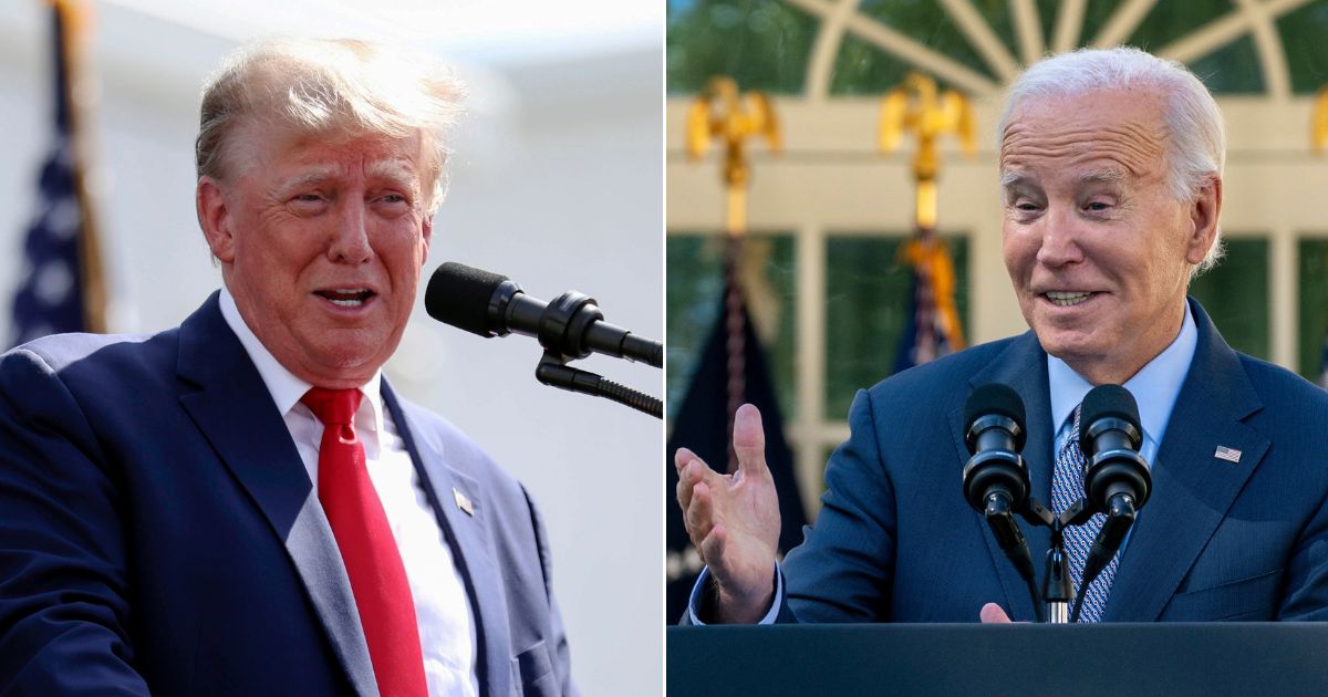 At left, former President Donald Trump speaks at a rally in Summerville, South Carolina, on Sept. 25. At right, President Joe Biden delivers remarks in the Rose Garden of the White House in Washington on Wednesday.