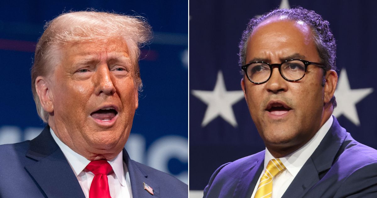 At left, Republican presidential candidate and former President Donald Trump applauds after taking the stage in Wolfeboro, New Hampshire, on Monday. At right, former Texas Rep. Will Hurd speaks to guests at the Republican Party of Iowa's Lincoln Dinner in Des Moines on July 28.