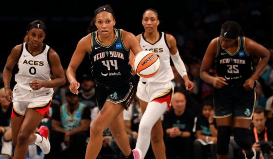 Betnijah Laney of the New York Liberty brings the ball up the court against the Las Vegas Aces in Game 4 of the 2023 WNBA Finals at Barclays Center on Oct. 18 in New York City.
