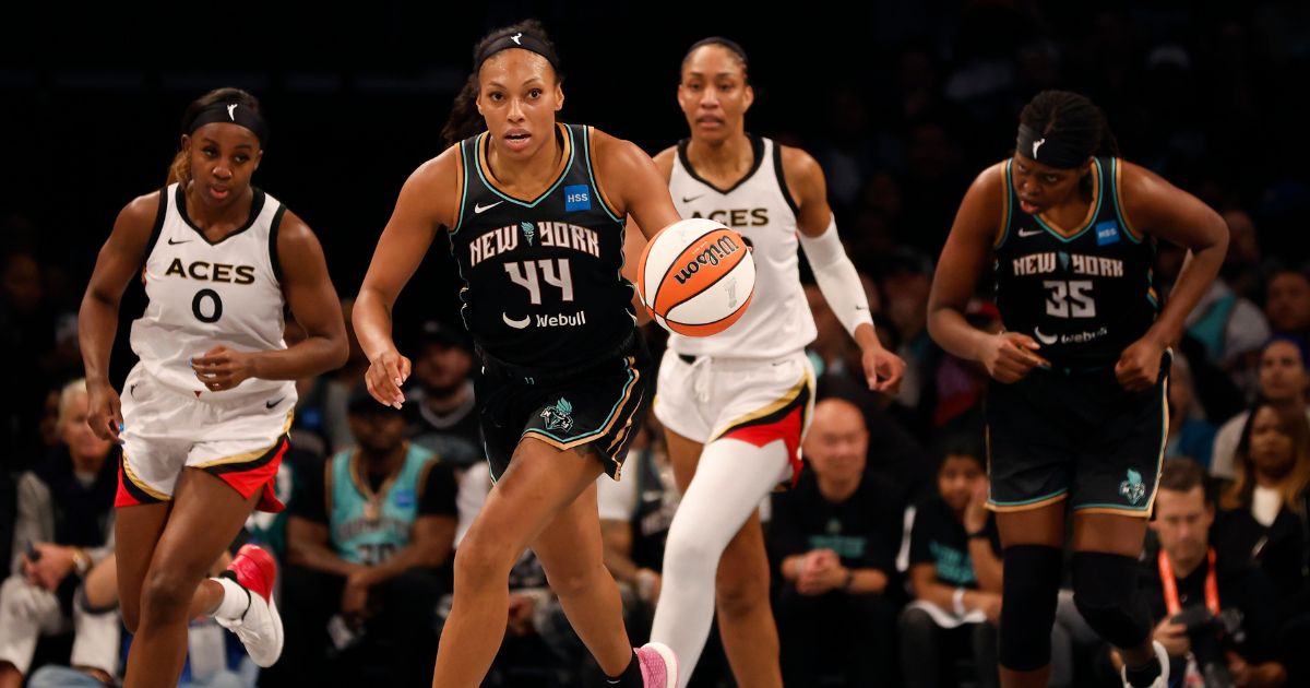 Betnijah Laney of the New York Liberty brings the ball up the court against the Las Vegas Aces in Game 4 of the 2023 WNBA Finals at Barclays Center on Oct. 18 in New York City.