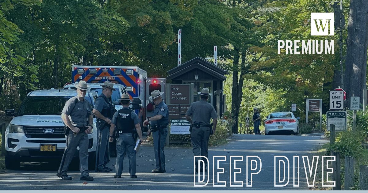 On Monday, police secure the entrance to Moreau Lake State Park in New York as they continue to search for a missing 9-year-old girl who was camping with her family over the weekend.