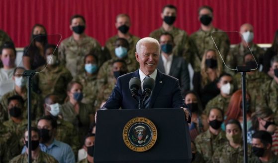 President Joe Biden addresses US Air Force personnel at RAF Mildenhall in Suffolk, ahead of the G7 summit in Cornwall, on June 9, 2021, in Mildenhall, England.