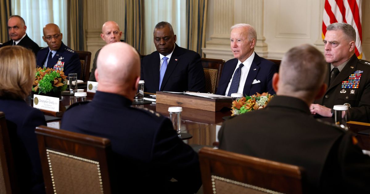 U.S. President Joe Biden gives remarks before the start of a meeting with leaders from the Department of Defense in the State Dining Room of the White House on October 26, 2022 in Washington, DC.