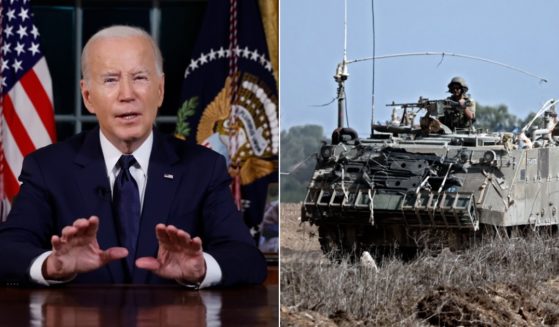 President Joe Biden, left; an Israeli armored personnel carrier, right.