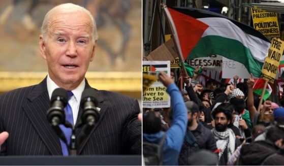 President Joe Biden, left; pro-Hamas demonstrators in New York, right.