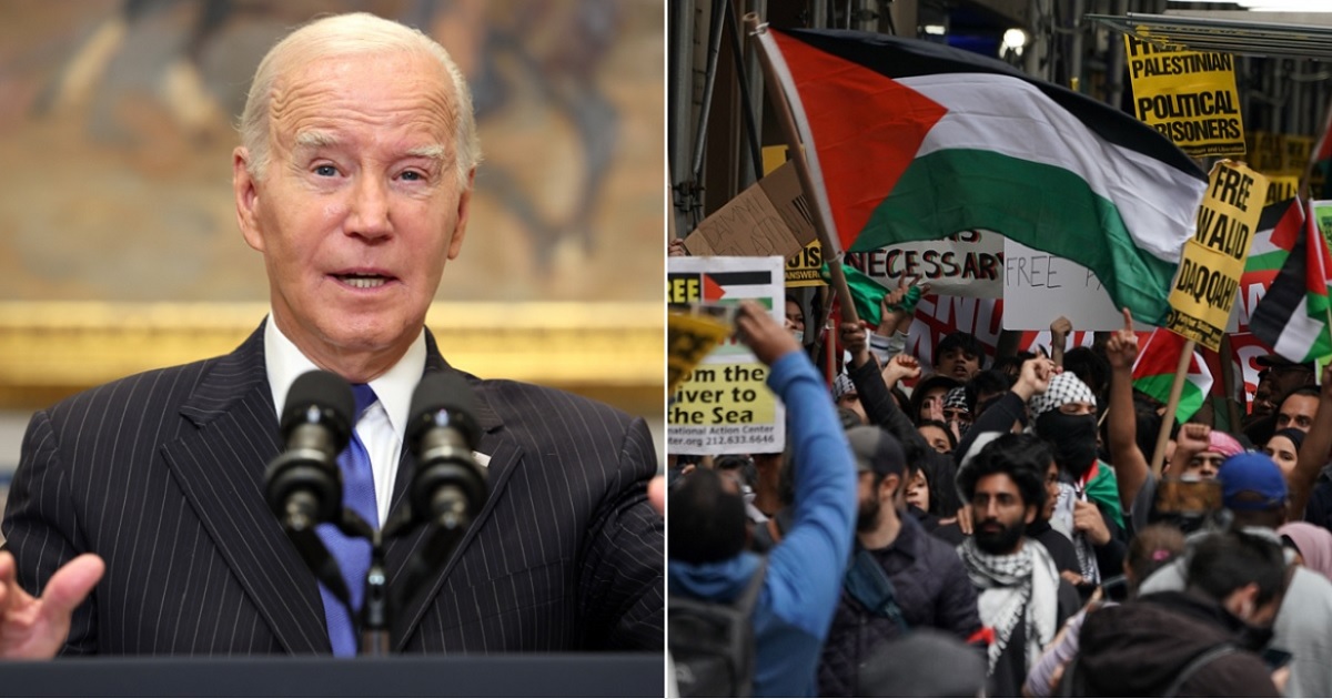 President Joe Biden, left; pro-Hamas demonstrators in New York, right.