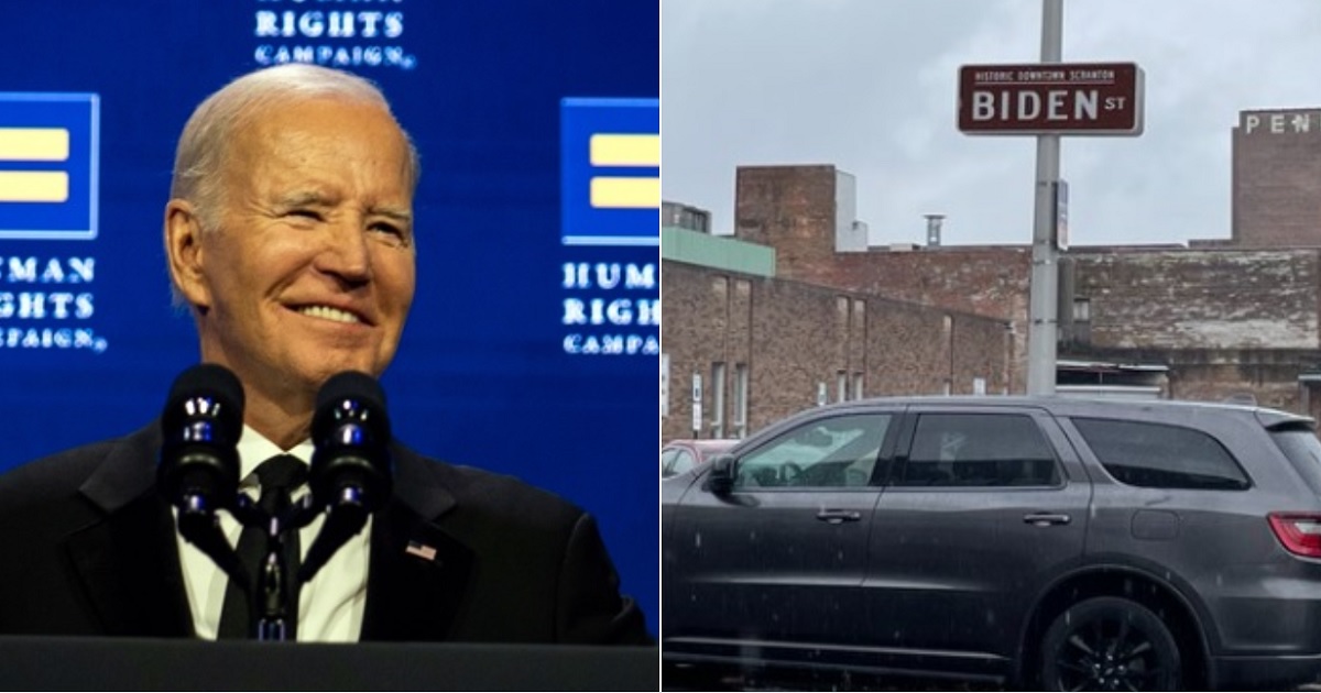 President Joe Biden is pictured Saturday, left, at the Human Rights Campaign National Dinner at the Washington Convention Center on October. Right, a street sign is pictured in Scranton, Pennsylvania.