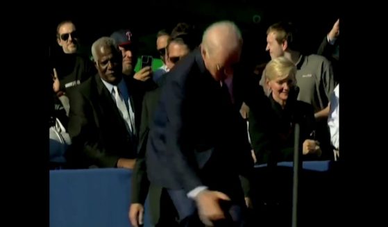 This Twitter screen shot shows U.S. President Joe Biden stumbling as he climbs a flight of stairs onto a stage in Philadelphia.