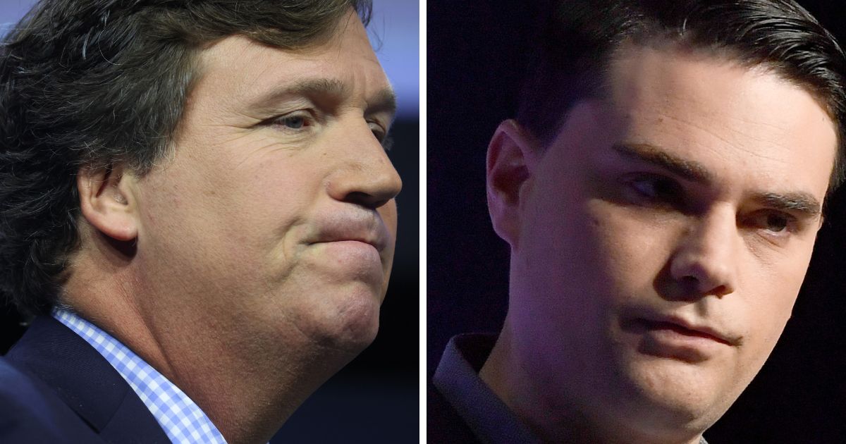 (L) Tucker Carlson speaks to guests at the Family Leadership Summit on July 14, 2023 in Des Moines, Iowa. (R) Ben Shapiro speaks onstage at Politicon 2018 at Los Angeles Convention Center on October 21, 2018 in Los Angeles.
